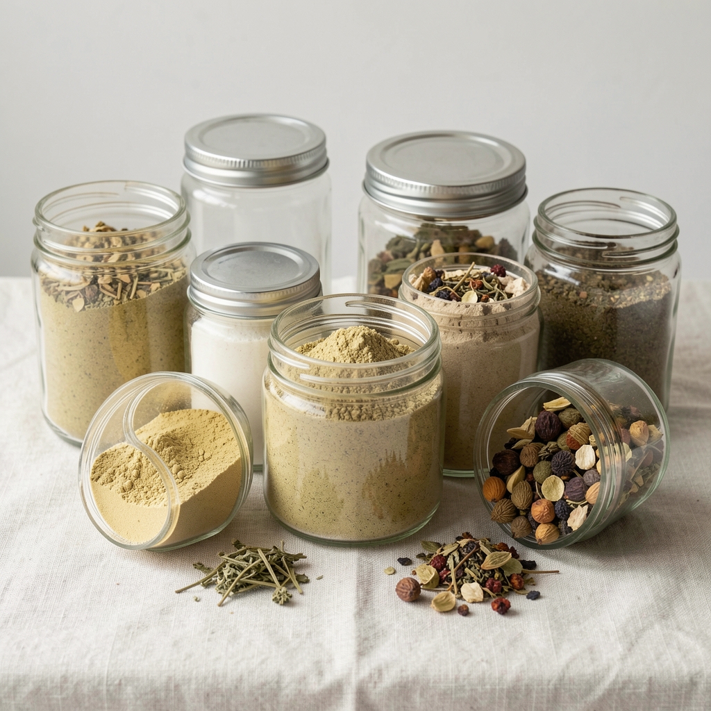 Array of glass jars containing plant-based supplement powders and dried botanical ingredients arranged on a clean linen surface in natural studio lighting