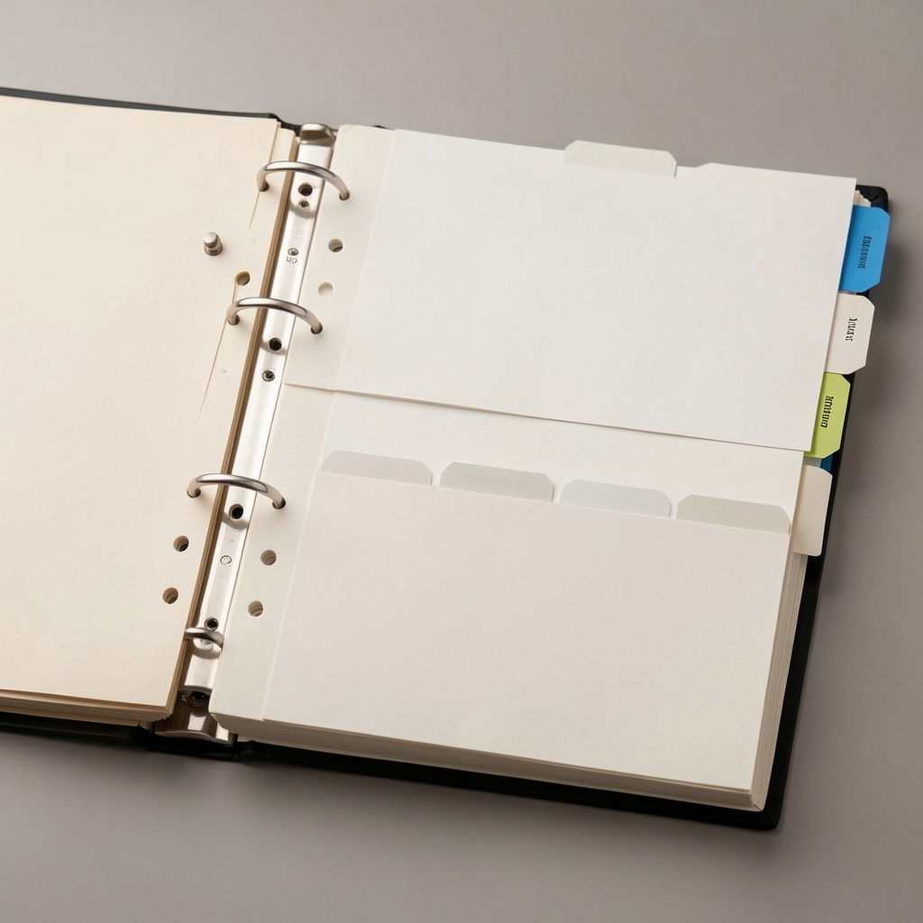 Open archival reference binder with empty tabbed dividers representing a missing or unindexed catalogue entry