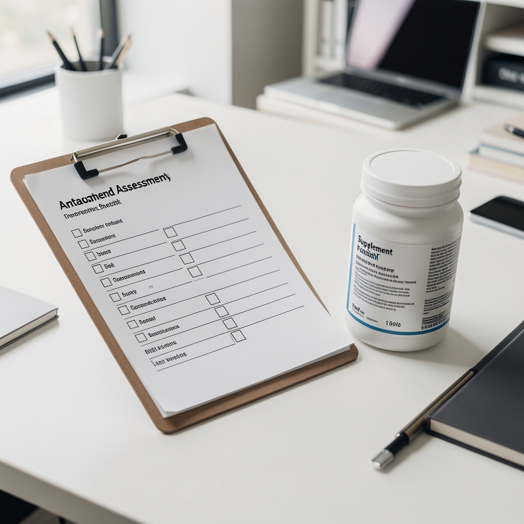 Annotated assessment checklist on a clipboard alongside a supplement formulation label being reviewed in a clean editorial workspace