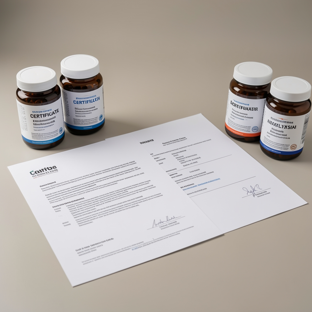 Certificate of analysis document pages spread on a flat surface next to batch-coded supplement containers under even workspace lighting