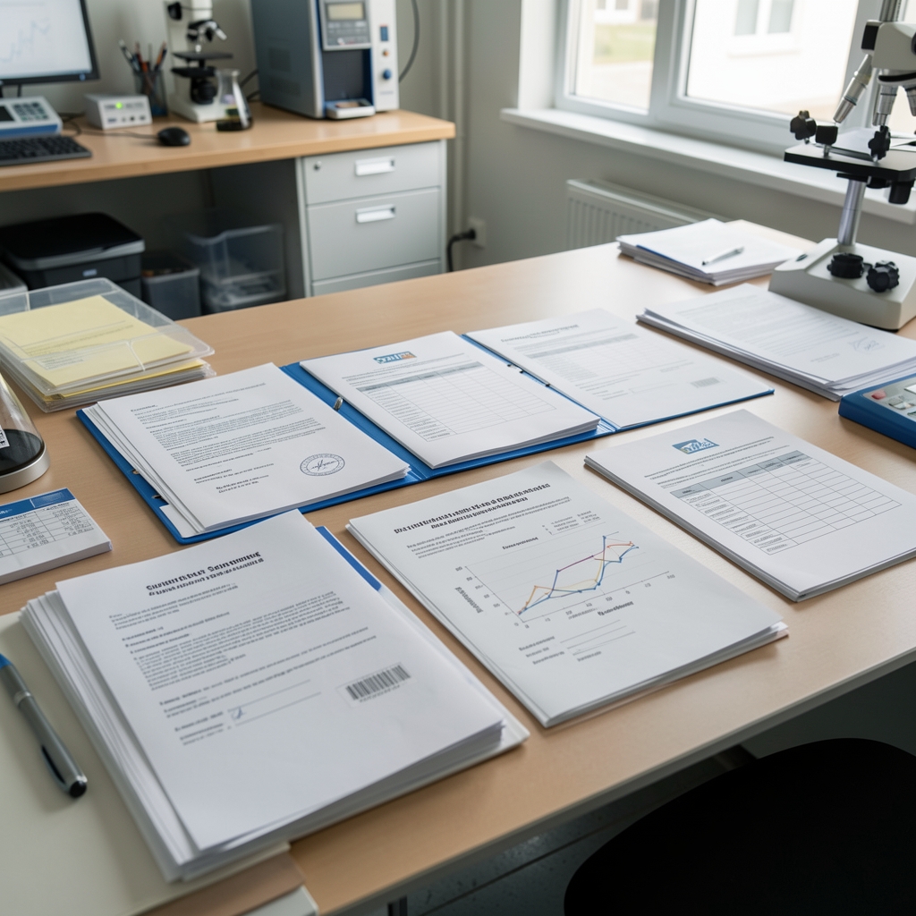 Wide view of ingredient supplier documentation folders, batch records, and compositional analysis reports arranged methodically on a research desk