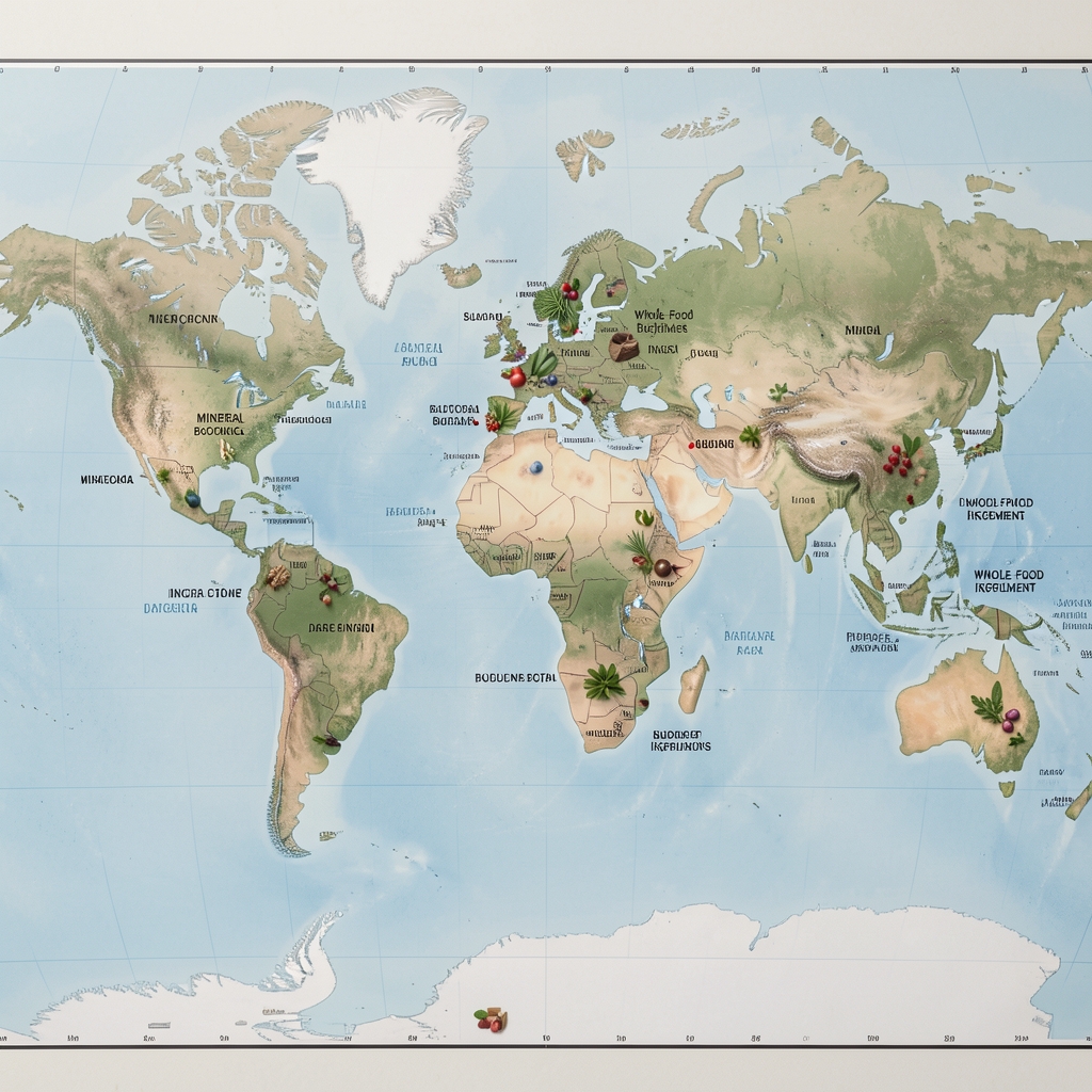 Global ingredient sourcing map showing annotated origin points for mineral, botanical, and whole-food supplement ingredients on a light cartographic surface