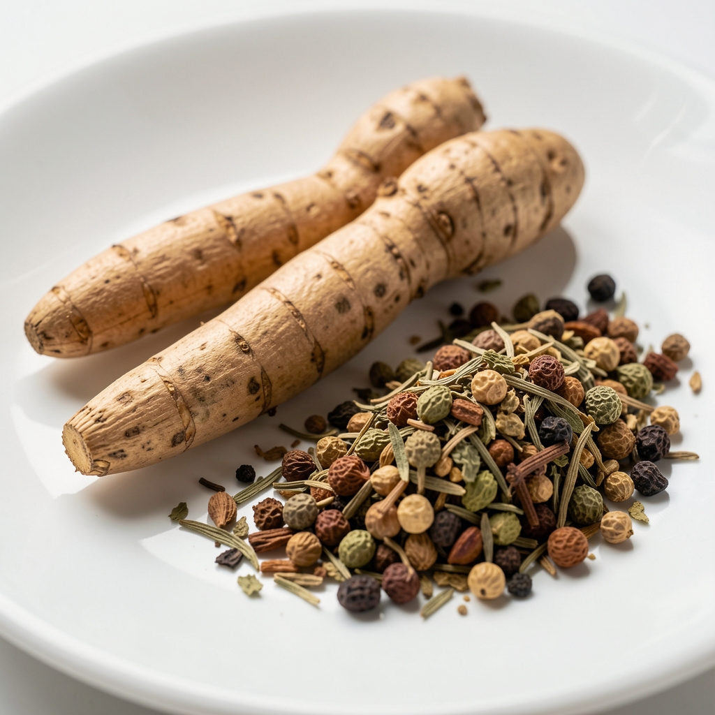 Close-up of ashwagandha root and dried adaptogenic herbs laid on a white ceramic surface under controlled lighting