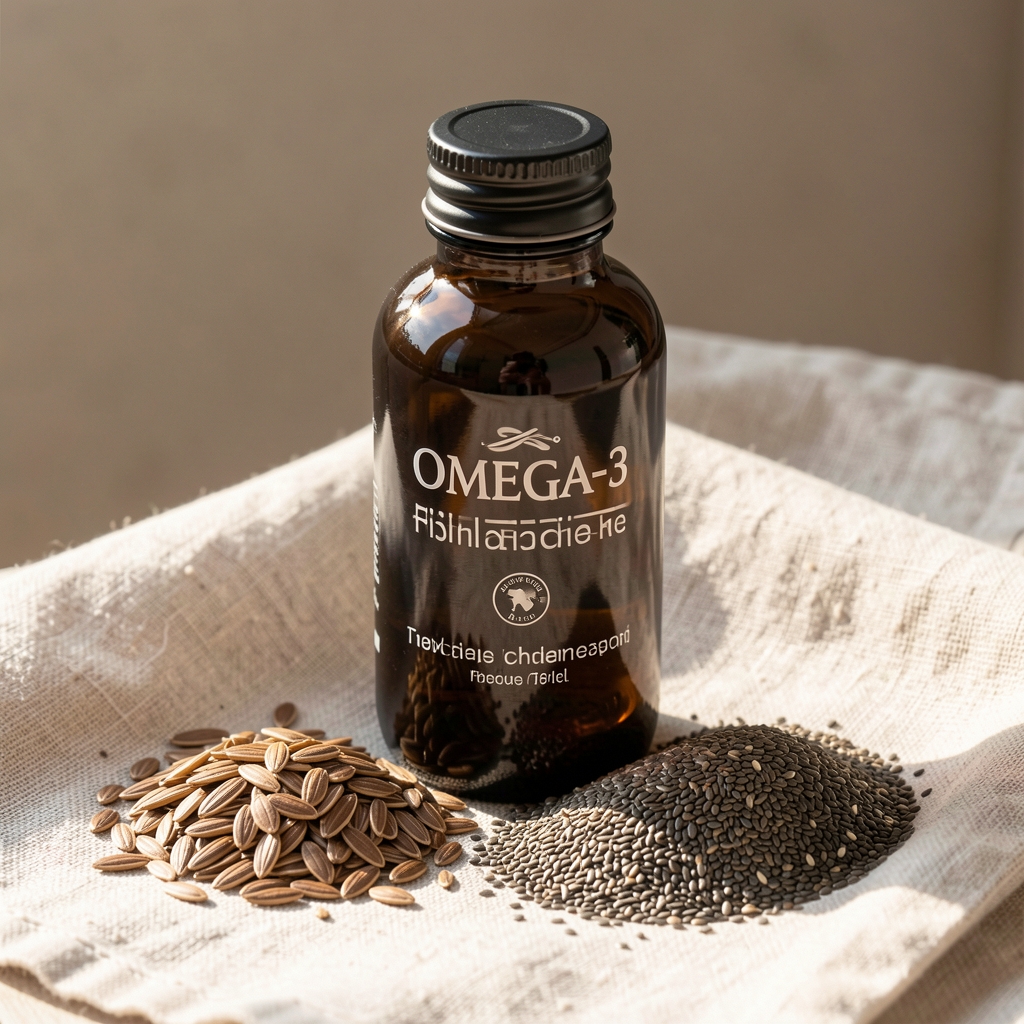Dark glass bottle of omega-3 fish oil alongside flaxseed and chia seeds on a linen cloth in natural daylight