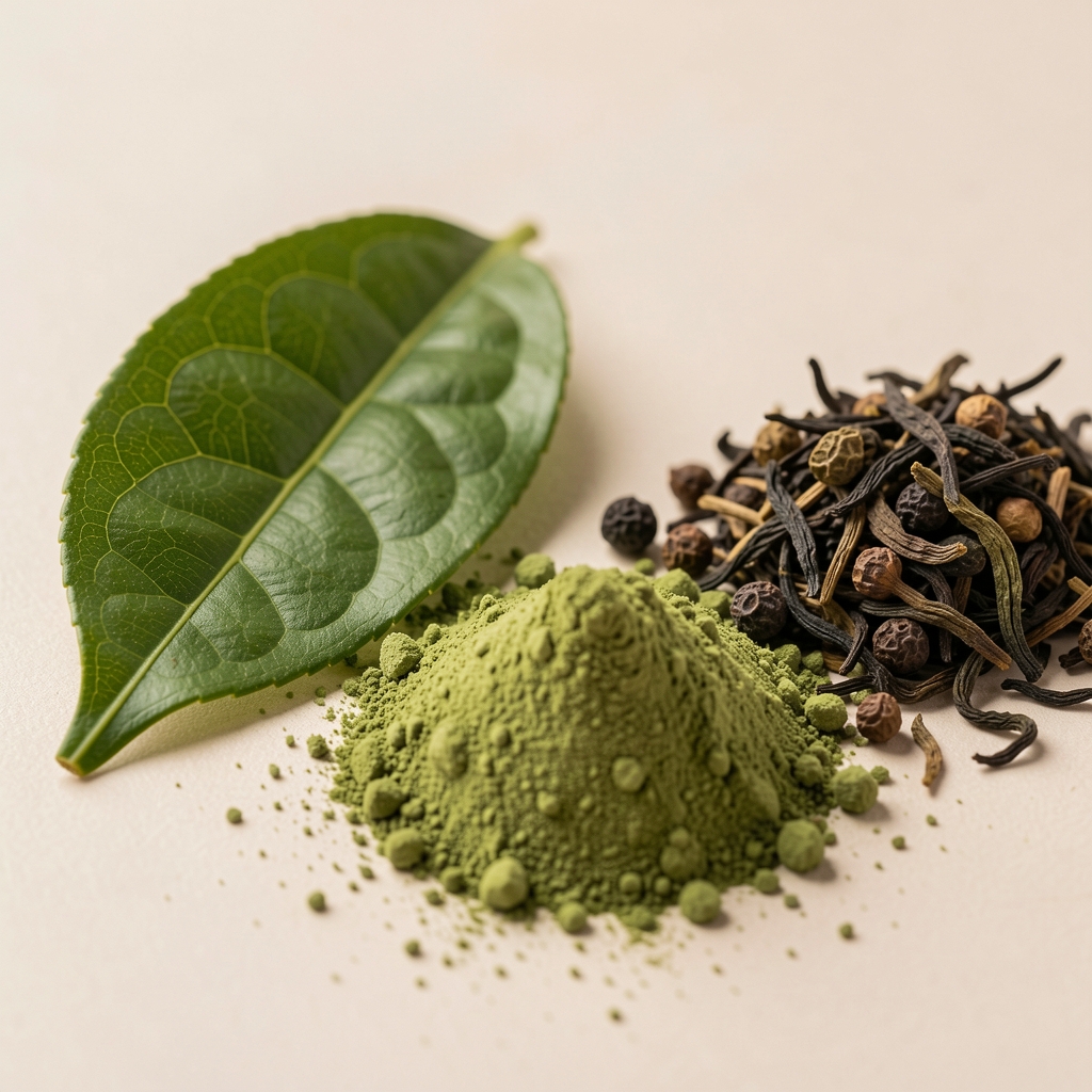Close-up cross-section photograph of a green tea leaf alongside dried matcha powder and polyphenol-rich oolong tea specimens on a light surface