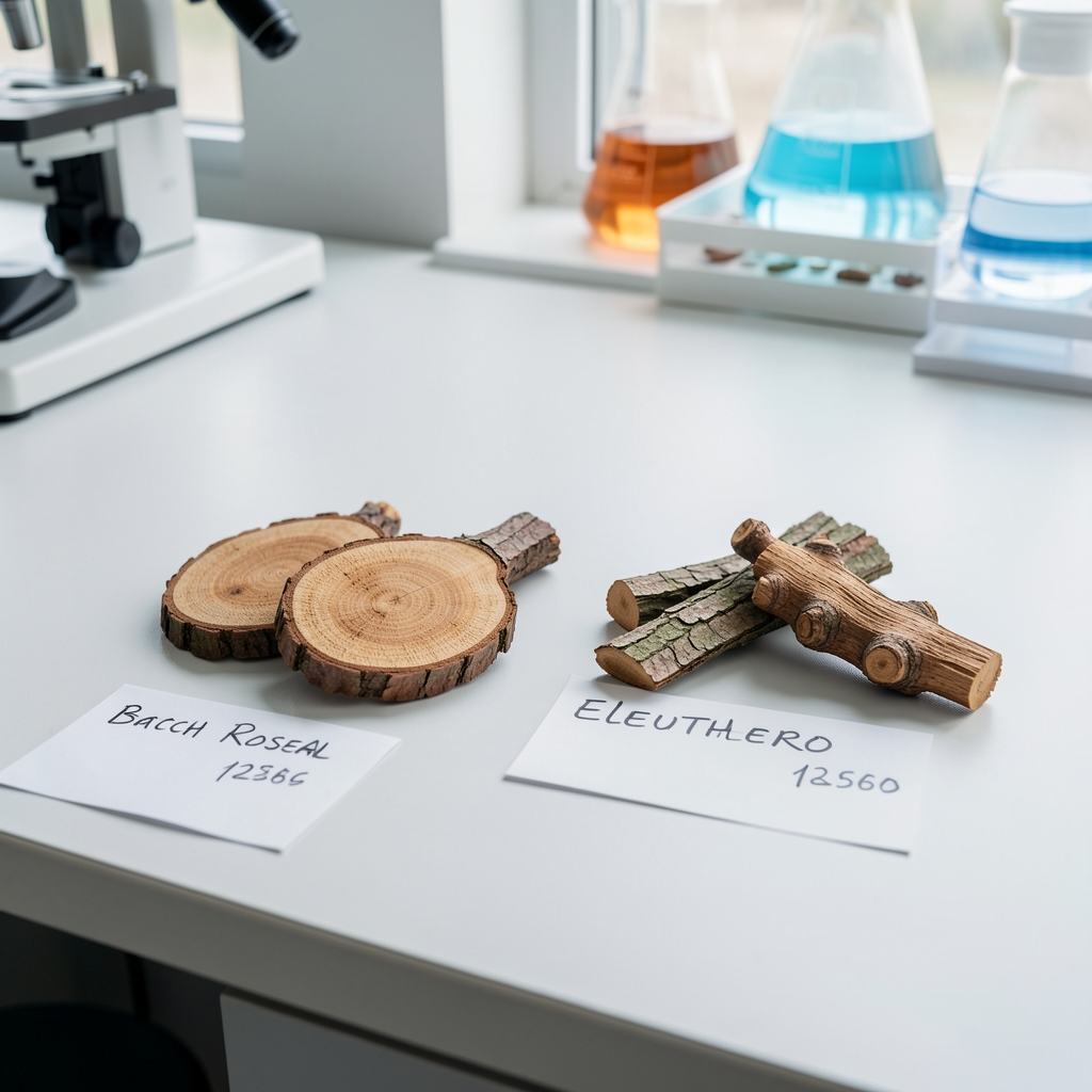 Dried rhodiola rosea root cross-sections and eleuthero root bark specimens labelled with handwritten batch codes on a clean research desk